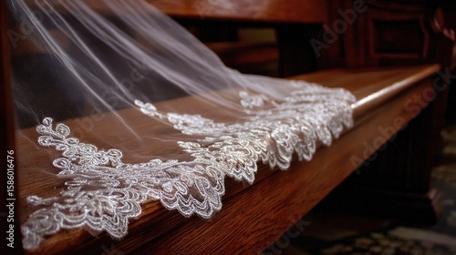 Wedding veil draped on wooden pew