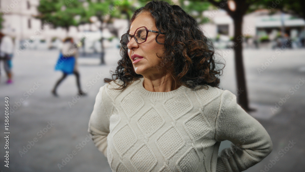 Woman with curly hair and glasses experiencing back pain outdoors in a city setting, emphasizing discomfort with an urban backdrop and mature expression. Woman with curly hair and glasses experiencing back pain outdoors in a city setting, emphasizing discomfort with an urban backdrop and mature expression.