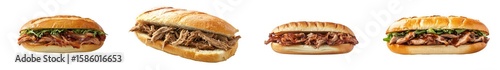 Four delicious pulled pork sandwiches and subs isolated on transparent background