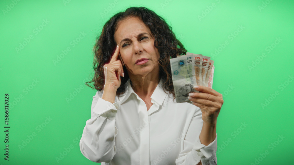 Middle-aged woman pondering over british pound banknotes against a green background, embodying financial decision-making and contemplation. Middle-aged woman pondering over british pound banknotes against a green background, embodying financial decision-making and contemplation.