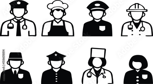 Diverse professions are represented with simple black and white vector icons set.