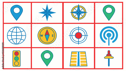 Collection of navigation and location icons including maps compasses and traffic signals