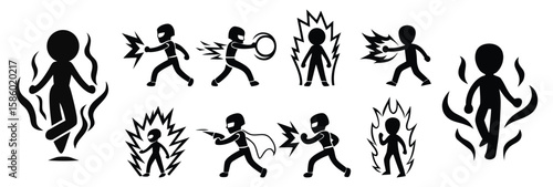 Superhero silhouettes in action poses, showcasing power, energy, and dynamic movement.