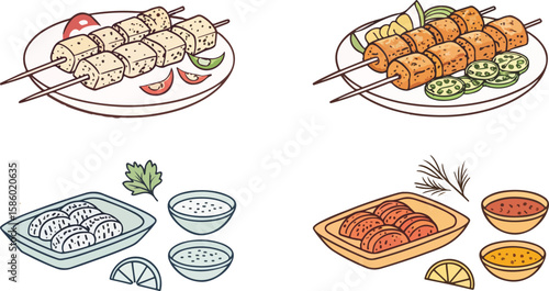 Set of Chicken Tikka Illustration vector design, Chicken Tikka logo and icon design, Chicken Tikka vector design
