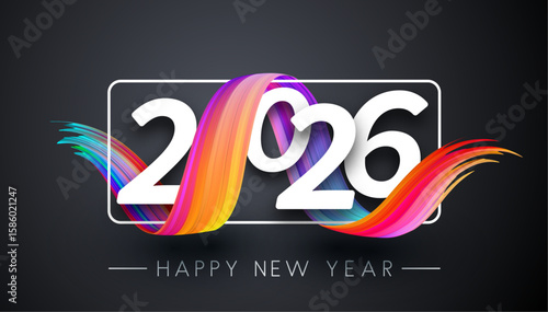 Elegant 2026 text with flowing rainbow ribbon on dark background. Vector illustration for New Year or festive design.