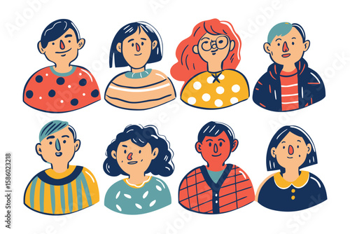 Diverse Faces: A captivating illustration presents a mosaic of eight unique and diverse faces, each a portrait of individuality and human character, ready to embody a collective identity.