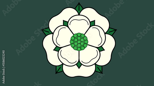 York Rose Emblem stylized white rose emblem with green leaves and center, set against a dark green background. The design evokes a sense of heritage and tradition.