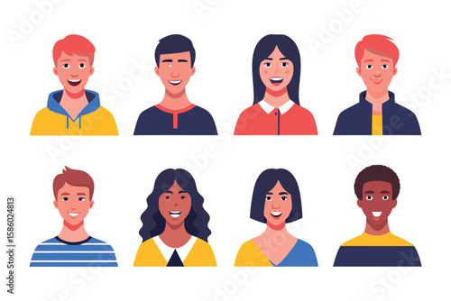 Diverse Portraits: A collection of diverse faces, each a unique avatar illustration of smiling individuals showcasing various ethnicities and hairstyles.