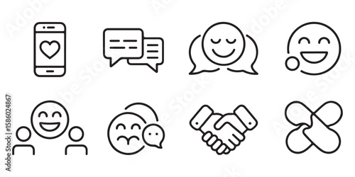 Set of eight black outline icons depicting communication and social interaction symbols on a white background