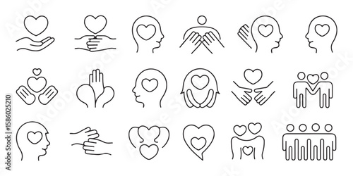 Collection of line art icons representing care compassion and love with hearts and hands heart hands icon