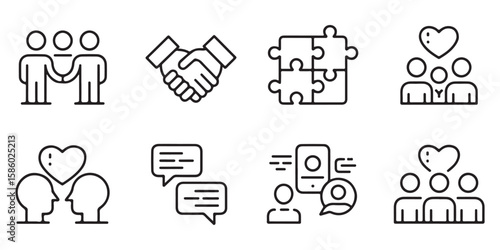 Set of eight black outline icons depicting teamwork communication and relationships icon set handshake