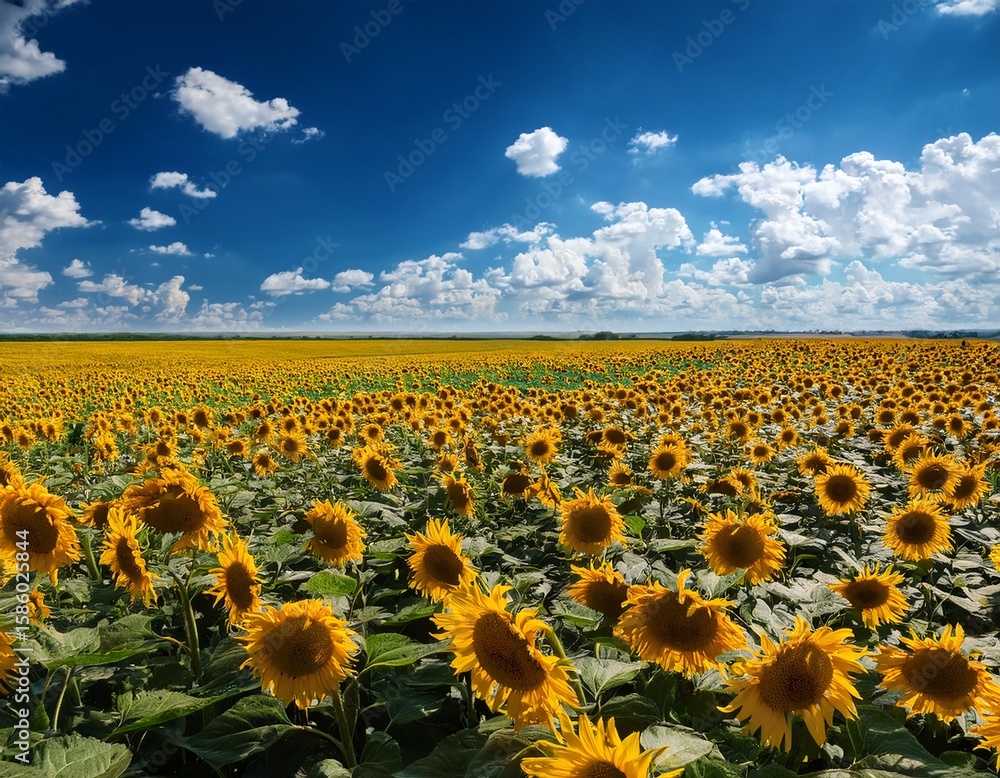 Obraz premium vibrant sunflower field stretches to the horizon under a bright blue sky with scattered clouds