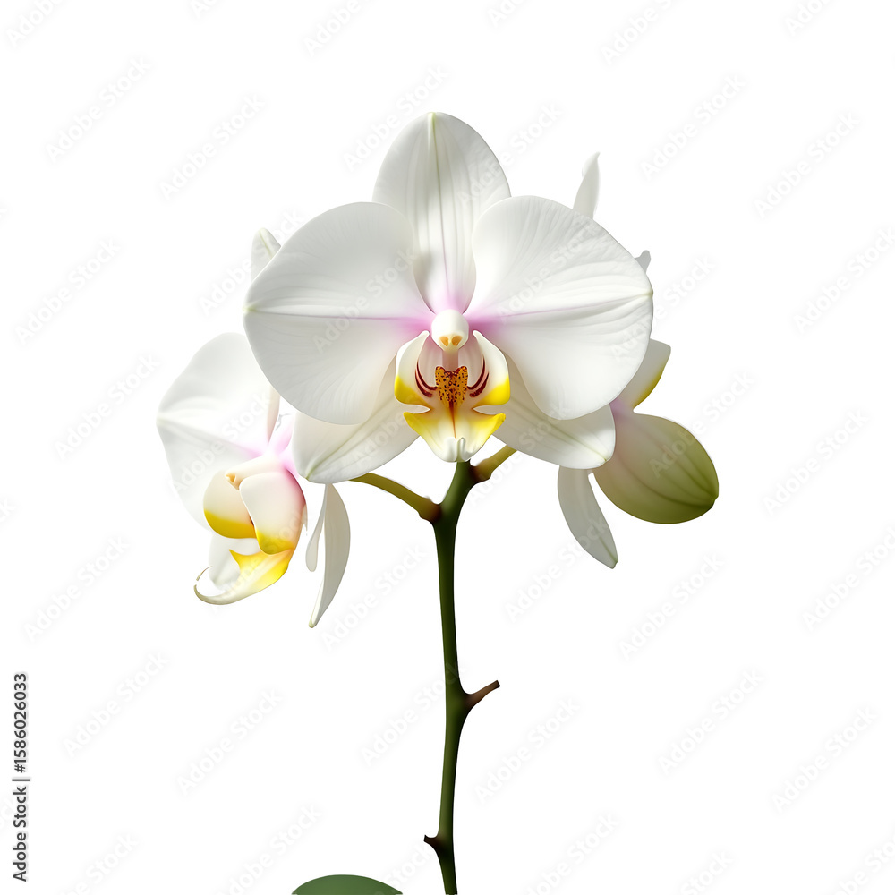Naklejka premium Beautiful white orchid flowers with delicate pink and yellow accents on a green stem isolated on transparent background