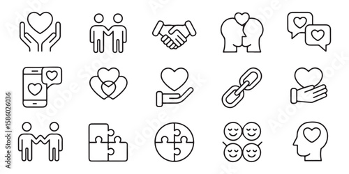 Collection of line art icons representing relationships and emotions heart hands 1