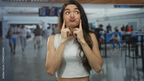 Free Download Young hispanic woman points finger to cheeks while puckering lips at busy airport terminal; playfulness. - GFXLoad