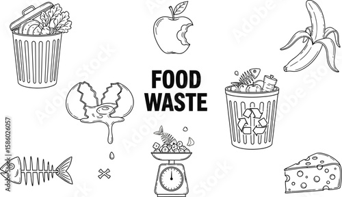 Illustration showing food waste with apple core, banana peel, and broken egg