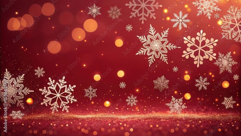 Festive red background with snowflakes and bokeh lights creating a christmas atmosphere scene Festive red background with snowflakes and bokeh lights creating a christmas atmosphere scene