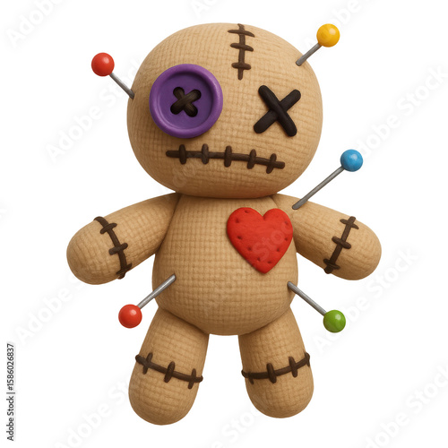 3D illustration of voodoo doll with pins with transparent background