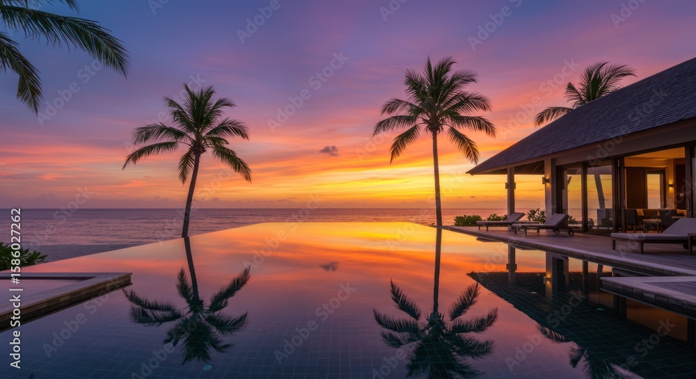 Obraz premium Stunning sunset view over ocean from luxury villa with infinity pool reflecting vibrant sky.