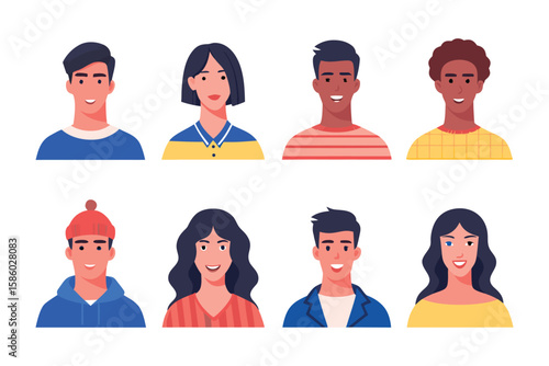 Diverse Portraits: A vibrant collection of illustrated portraits showcasing individuals with varied features and expressions, creating a sense of global community and representation.