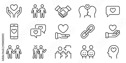 Collection of line art icons representing love friendship and connection heart hands 1