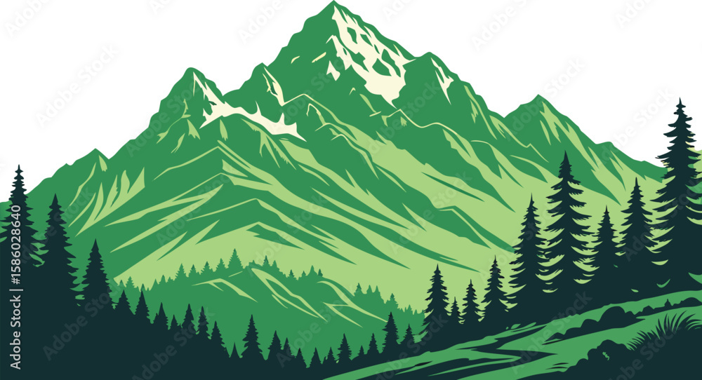 Fototapeta premium Vibrant Stylized Illustration of Green Mountains with Pine Forests and Snowy Peaks