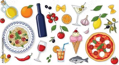 Italian food assortment featuring pasta, pizza, wine, and fresh ingredients