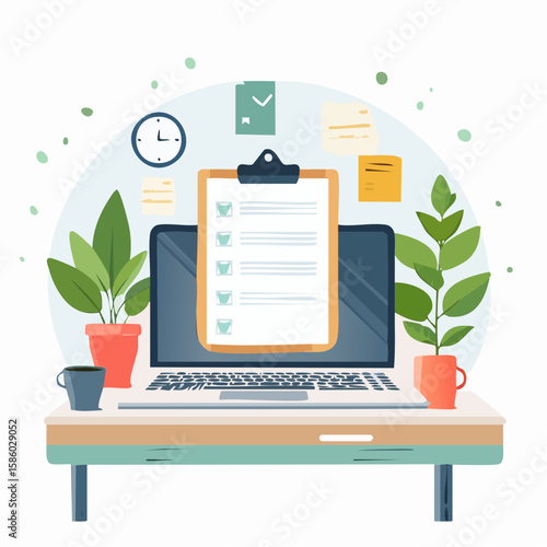 Digital Workspace with Laptop Checklist Plants and Coffee Cup