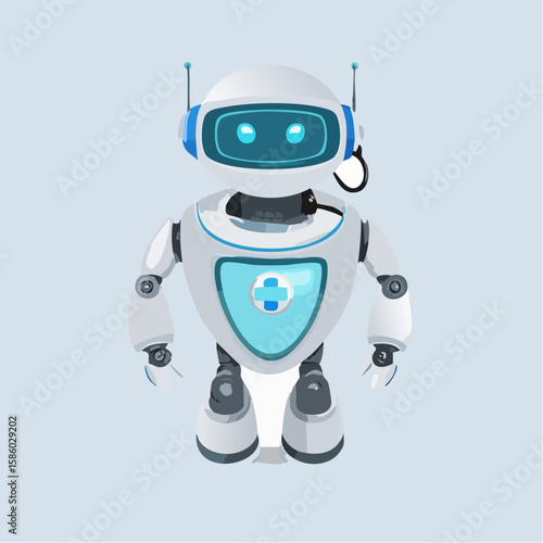 Friendly Medical Robot with Glowing Eyes and Healthcare Symbol