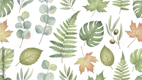 Watercolor Botanical Foliage Seamless Leafy Illustration
