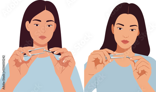 Woman using nail clippers for manicure personal grooming and self-care routine vector illustration