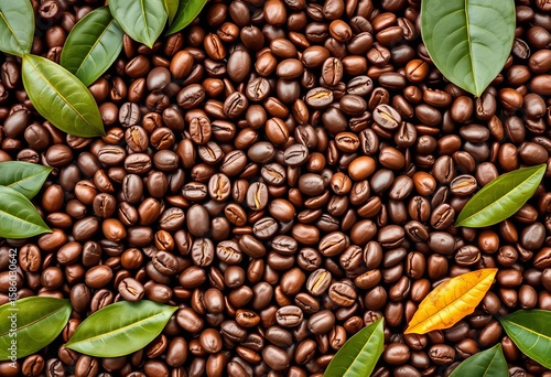 Heart-shaped arrangement of roasted coffee beans & leaves, fair trade concept,  image,  texture