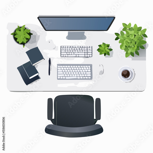 Overhead View of a Modern Workspace with Computer and Plants