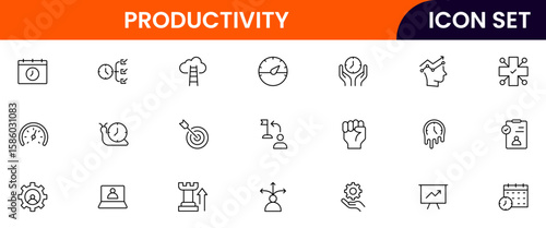 Productivity vector web line icon collection, sleek illustrations of tasks, clocks, calendars, efficiency tools for streamlined, effective designs.