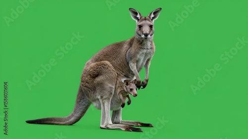 Red Kangaroo with Joey: A female red kangaroo stands tall, protectively cradling her joey in her pouch against a vibrant green screen background.