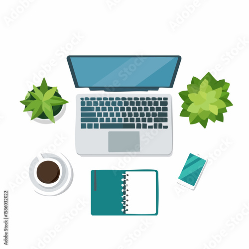 Overhead View of Workspace with Laptop Coffee Plants and Notebook