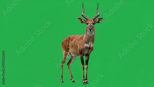 Elegant Antelope with Spiraling Horns: A majestic antelope stands proudly against a vibrant green backdrop, showcasing its impressive spiraling horns and the grace of the wild.