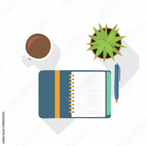 TopDown View of Workspace with Coffee Notebook Pen and Plant