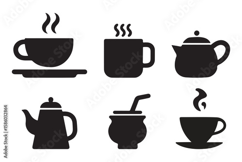 Hot Beverage Icons set. Tea, Coffee, Kettle, Mug, Silhouettes