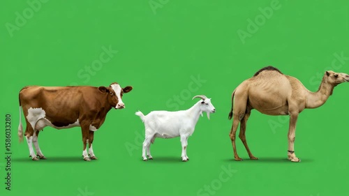 Farm Animals Harmony: Three farm animals stand together, a cow, a goat, and a camel, representing an interesting juxtaposition, standing in harmony on green field.