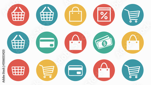 Collection of colorful shopping icons representing e commerce and retail