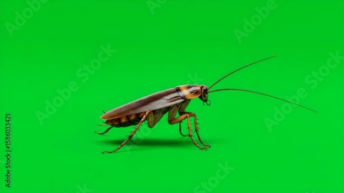 American Cockroach on Green Screen: A detailed close-up of an American cockroach against a vibrant green screen, showcasing its intricate body structure and six legs.