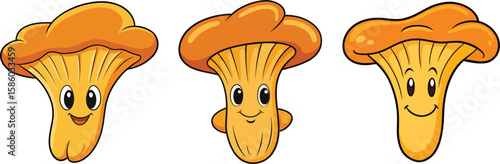 Three happy cartoon chanterelle mushrooms with smiling faces isolated on white background