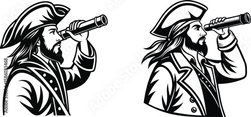 Two side-view illustrations of pirates, each holding a spyglass and looking out.