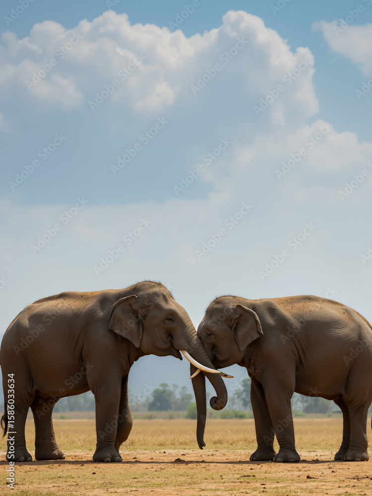 Fototapeta premium Two Asian elephants touching trunks in a grassy field under a cloudy sky.