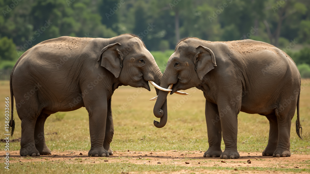 Obraz premium Two Asian elephants touching trunks in a grassy field.