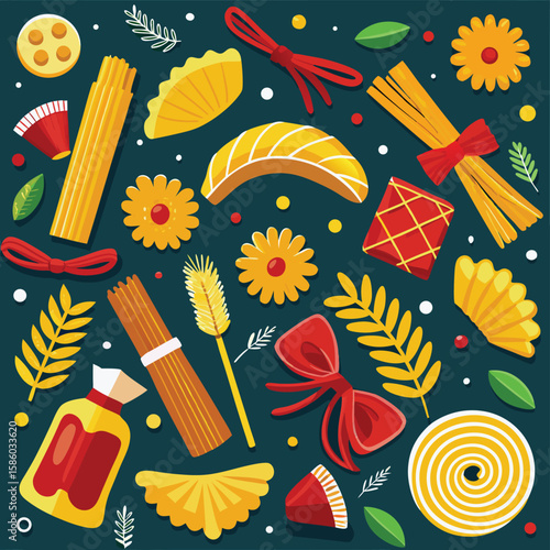 Detailed Assortment of Diverse Pasta Shapes and Culinary Elements Flat La