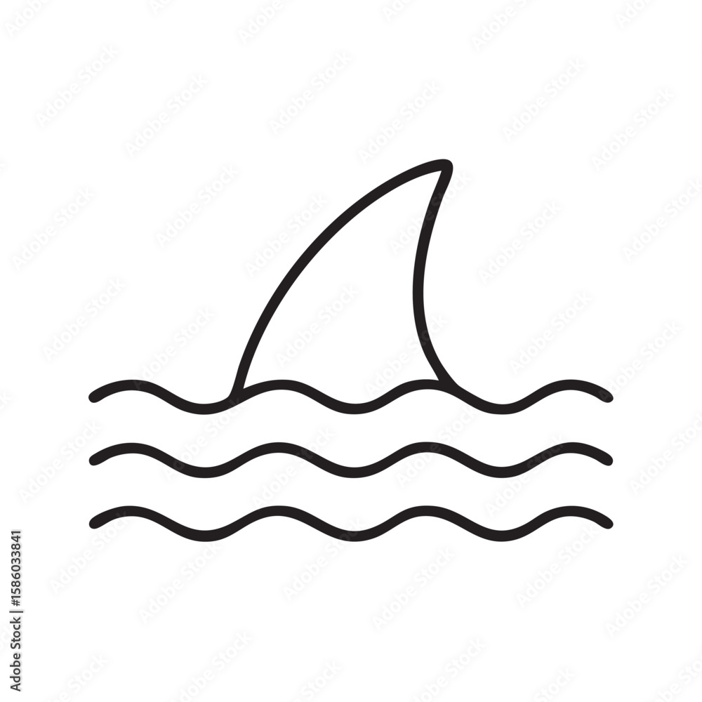 Obraz premium Simple Line Drawing of a Shark Fin Emerging from the Water with Three Waves Below