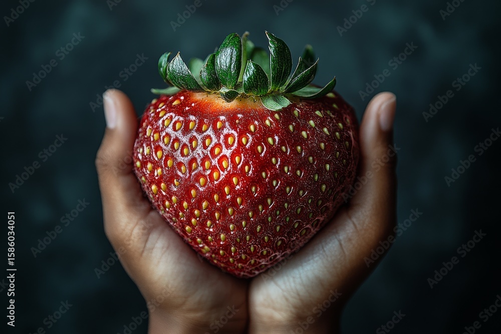 Obraz premium A person is holding a strawberry in their hand. The strawberry is red and has green leaves on top. Concept of warmth and care, as the person is holding the fruit gently