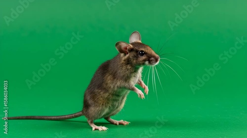 Curious Mouse Portrait: A small, adorable mouse is captured in a stunning studio shot, against a backdrop of vibrant green.